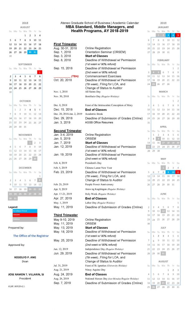 Academic Calendar SY 201819 Ateneo Graduate School of Business