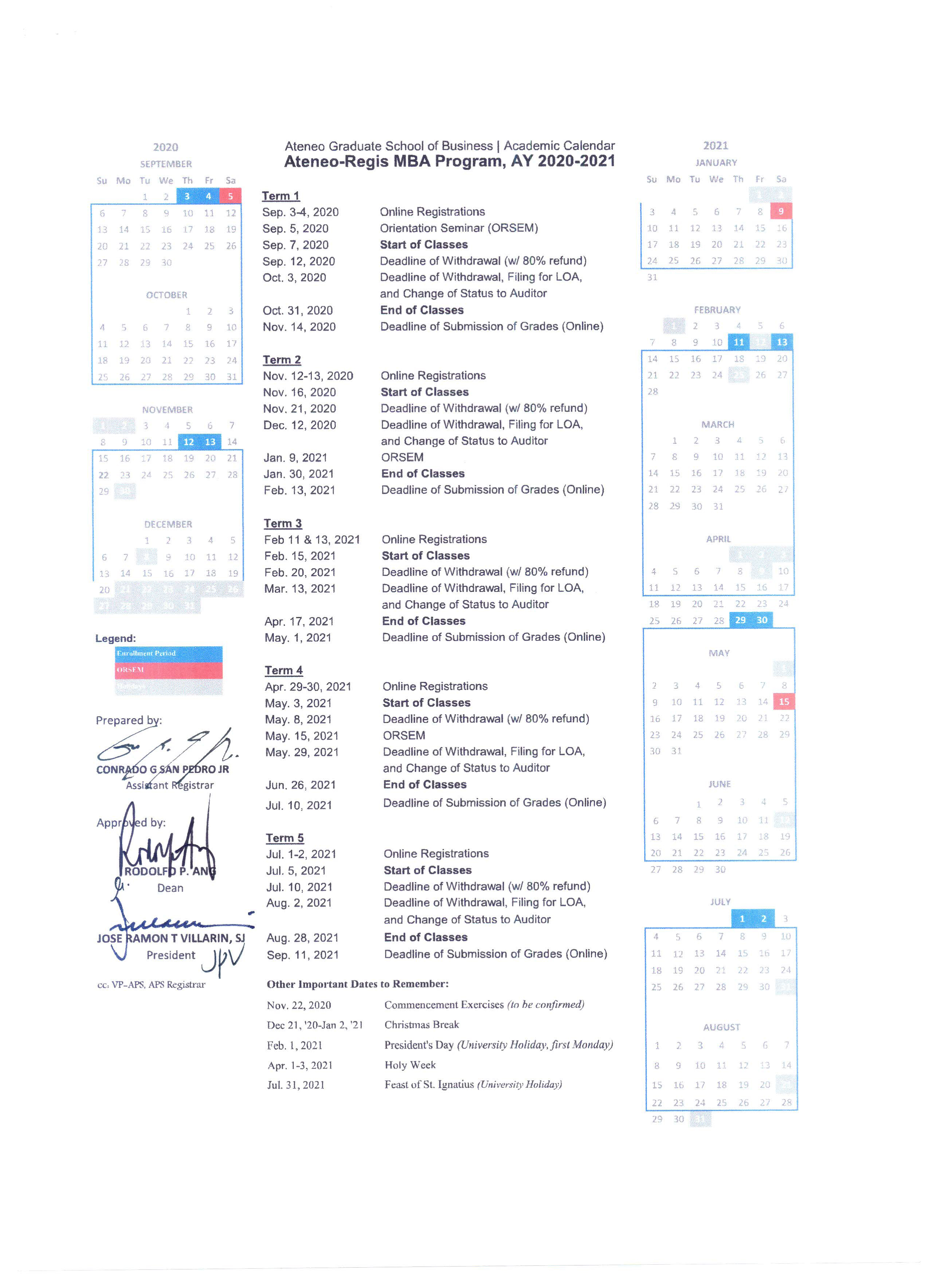 Academic Calendar SY 20202021 Ateneo Graduate School of Business